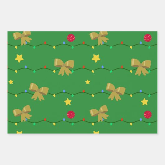 Festive Green Christmas Lights & Gold Bows  ラッピングペーパーシート (正面)