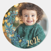 Festive Green Dated Photo Christmas ラウンドシール (正面)