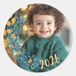 Festive Green Dated Photo Christmas ラウンドシール