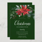  festive green floral Christmas Party 招待状 (正面/裏面)