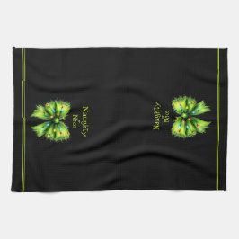 Festive Green Fur Bow-Lights Naughty or Nice Name キッチンタオル