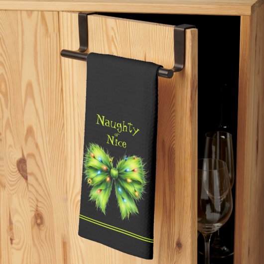 Festive Green Fur Bow-Lights Naughty or Nice Name キッチンタオル (三つ折り)