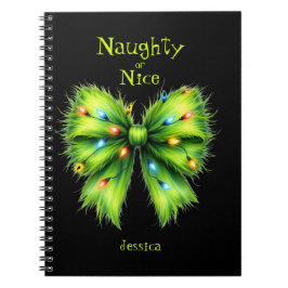 Festive Green Fur Bow-Lights Naughty or Nice Name ノートブック