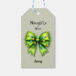 Festive Green Furry Bow-Lights Naughty or Nice ギフトタグ