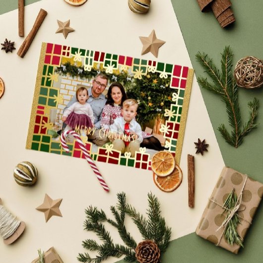 Festive Green & Gold Gift Personal Photo Christmas 箔シーズンカード