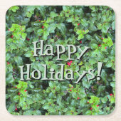 Festive Green Holly Berry Christmas スクエアペーパーコースター (正面)