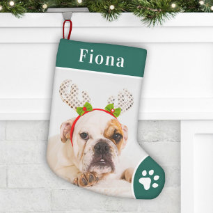 Festive Green Pet Paw Print Monogram Photo スモールクリスマスストッキング