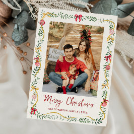 Festive Greenery & Bows Merry Christmas 1 Photo シーズンカード