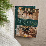 Festive Greeting | Merriest Christmas 2 Photo 箔シーズンカード<br><div class="desc">Our festive and elegant holiday card design is the perfect way to show off two of your favorite family photos. Design features "Merriest Christmas" in shining gold foil typography and hand lettered script,  with your family name. Cards reverse to a white winter snowflake pattern.</div>