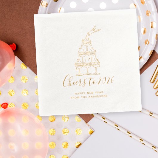 Festive Hand Drawn Cheers to New Year Party Gold 箔ナプキン