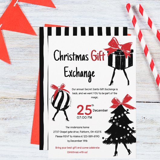 Festive Hand Drawn Christmas Gift Exchange Party 招待状