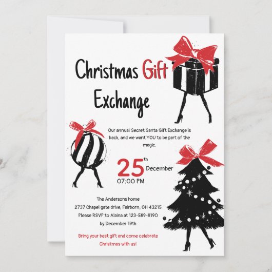 Festive Hand Drawn Christmas Gift Exchange Party 招待状 (正面)