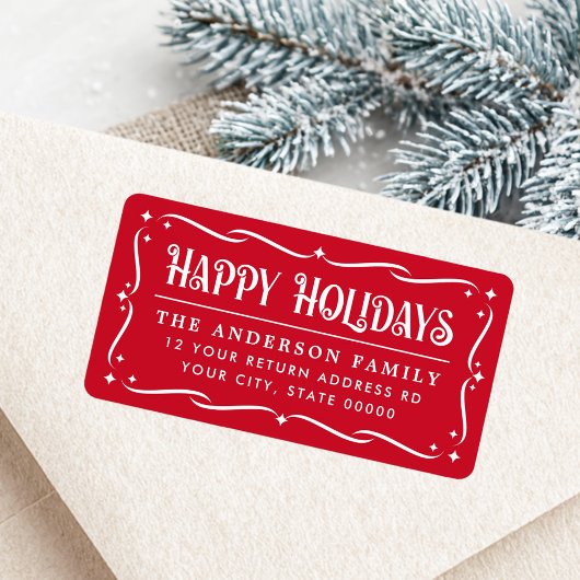 Festive Happy Holidays elegant red return address ラベル