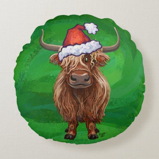 Festive Heads and Tails Highland Cow On Green ラウンドクッション (正面)
