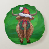 Festive Heads and Tails Highland Cow On Green ラウンドクッション (裏面)