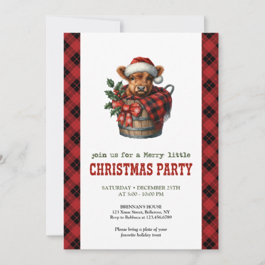 Festive highland cow Christmas invite editable   招待状 (正面)