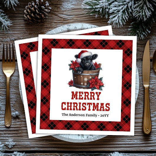 Festive highland cow red black tartan napkins