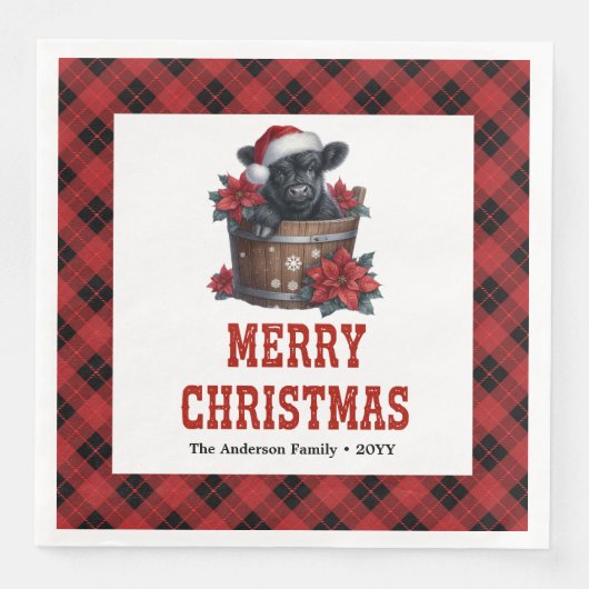 Festive highland cow red black tartan napkins (正面)