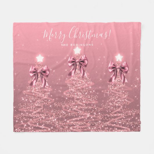 Festive Holiday Blush Pink Christmas Trees Bows フリースブランケット (正面(横))