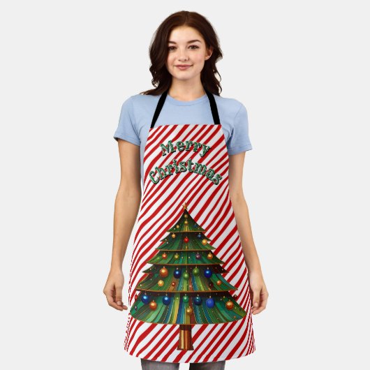 Festive Holiday Candy Cane Merry Christmas Tree エプロン (着用した状態)
