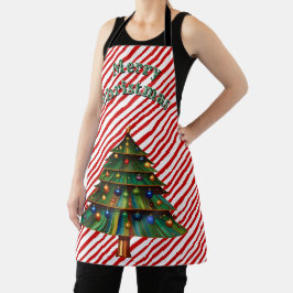Festive Holiday Candy Cane Merry Christmas Tree エプロン