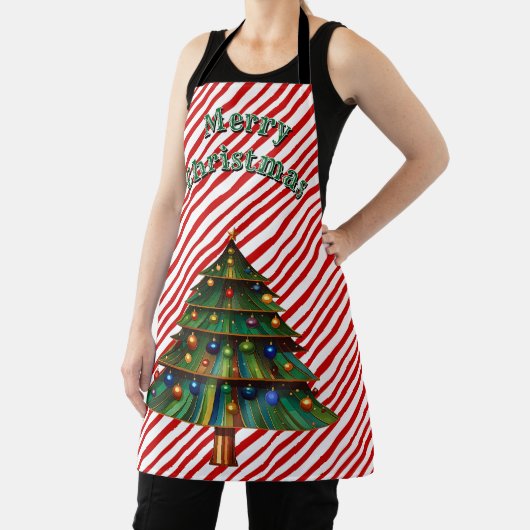 Festive Holiday Candy Cane Merry Christmas Tree エプロン (インサイチュ)