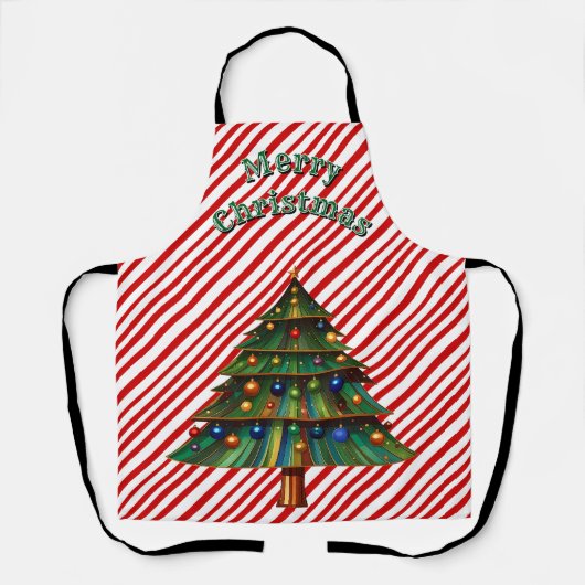 Festive Holiday Candy Cane Merry Christmas Tree エプロン (正面)