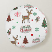 Festive Holiday Cartoon Reindeer Red Green Throw P ラウンドクッション (裏面)