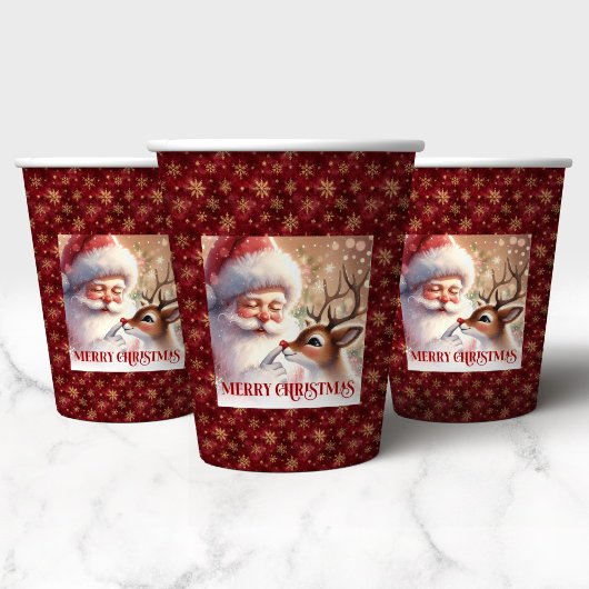 Festive Holiday Cups with Santa Claus and Rudolph  紙コップ