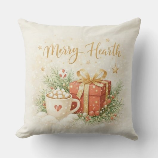 Festive Holiday Gift and Cocoa Throw Pillow クッション (正面)