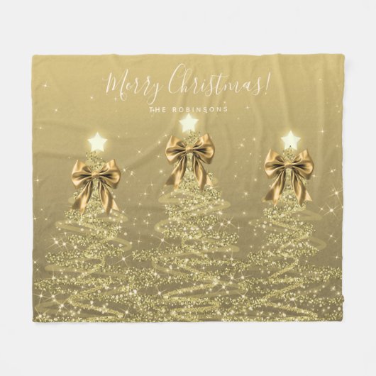 Festive Holiday Gold Christmas Trees w/ Bows フリースブランケット (正面(横))
