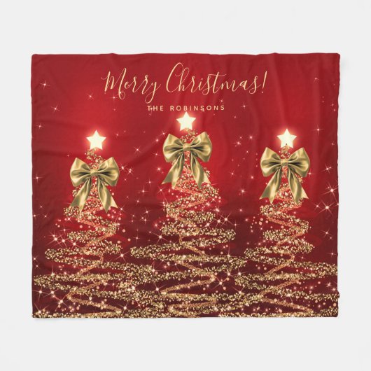 Festive Holiday Gold Red Christmas Trees w/ Bows フリースブランケット (正面(横))