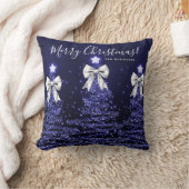 Festive Holiday Navy Christmas Trees Name Silver クッション (ブランケット)