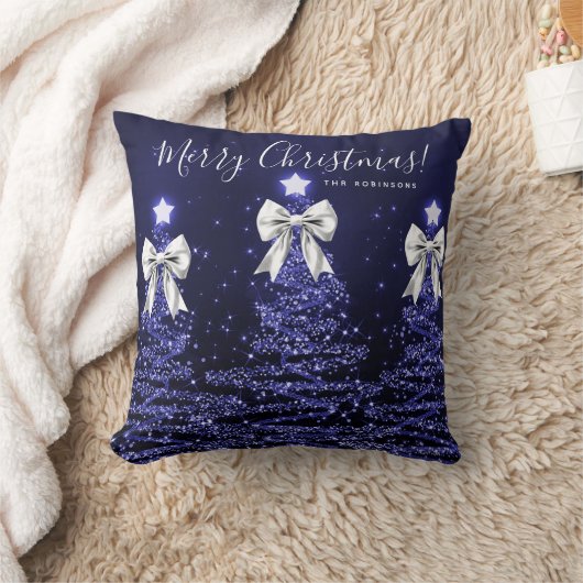 Festive Holiday Navy Christmas Trees Name Silver クッション (ブランケット)