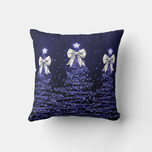 Festive Holiday Navy Christmas Trees Name Silver クッション (裏面)
