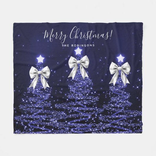 Festive Holiday Navy Christmas Trees Silver Bows フリースブランケット (正面(横))