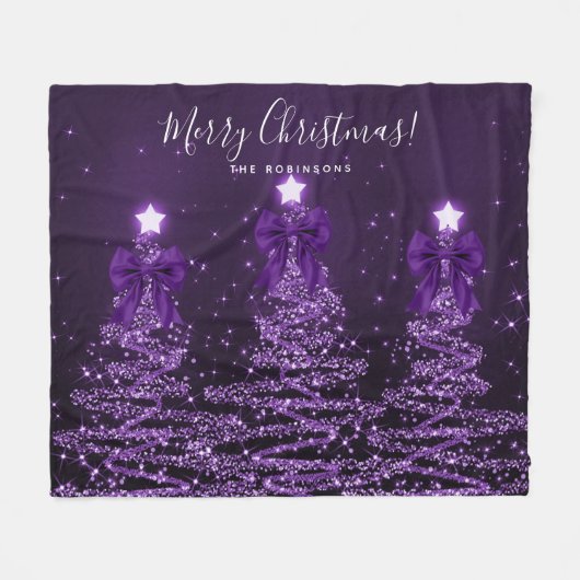 Festive Holiday Purple Christmas Trees Bows フリースブランケット (正面(横))