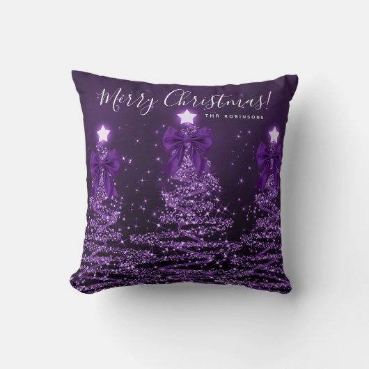Festive Holiday Purple Christmas Trees Name  クッション (正面)