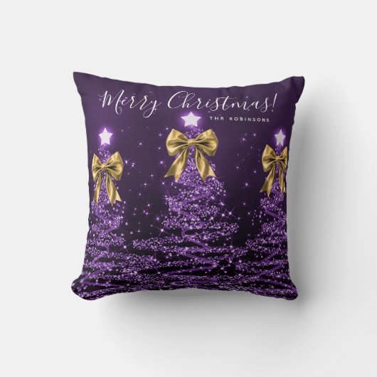 Festive Holiday Purple Christmas Trees Name Gold  クッション (正面)