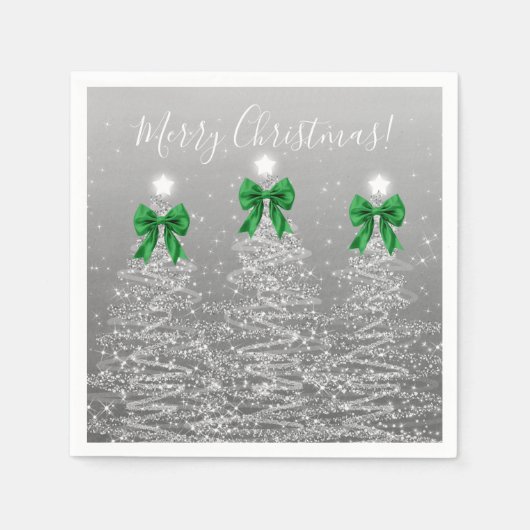 Festive Holiday Silver Christmas Trees Green Bows スタンダードカクテルナプキン (正面)