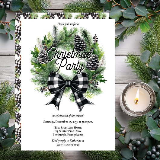 Festive Holiday Wreath BW Bow Christmas Party  シーズンカード