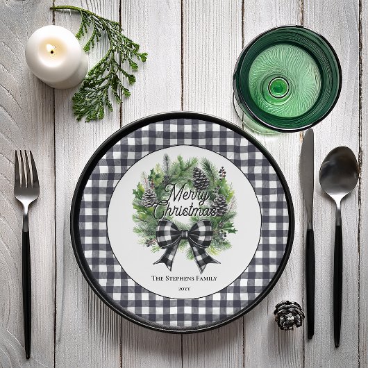 Festive Holiday Wreath BW Bow Merry Christmas  ペーパープレート