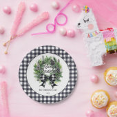 Festive Holiday Wreath BW Bow Merry Christmas  ペーパープレート (パーティー)