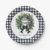 Festive Holiday Wreath BW Bow Merry Christmas  ペーパープレート (正面)