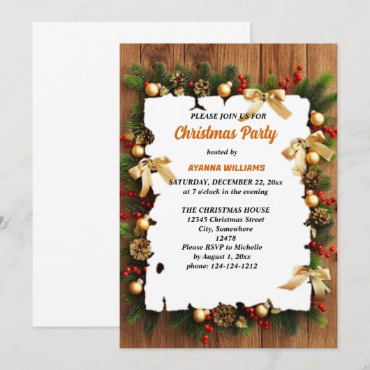 Festive Holly Berries Pine Cone Christmas party 招待状 (正面/裏面)