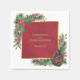 Festive Holly Berries & Pine Holiday Wedding スタンダードカクテルナプキン