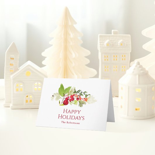 Festive Holly Berry and Evergreen Watercolor カード