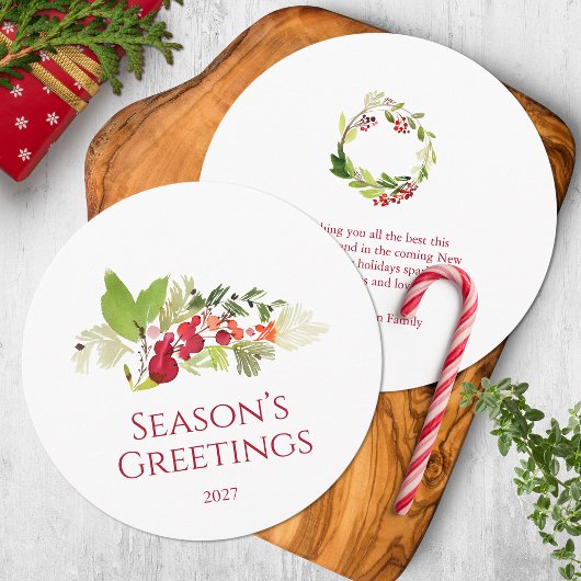 Festive Holly Berry and Evergreen Watercolor Card 招待状