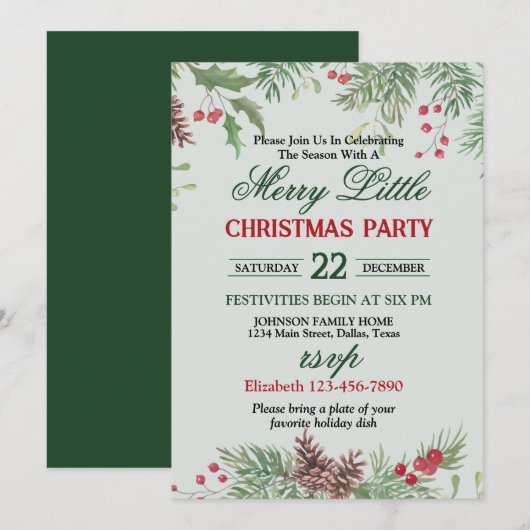 Festive Holly Border Christmas Party 招待状 (正面/裏面)