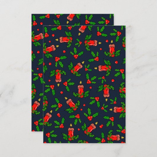 Festive Holly & Candle Pattern Navy 招待状 (正面/裏面)